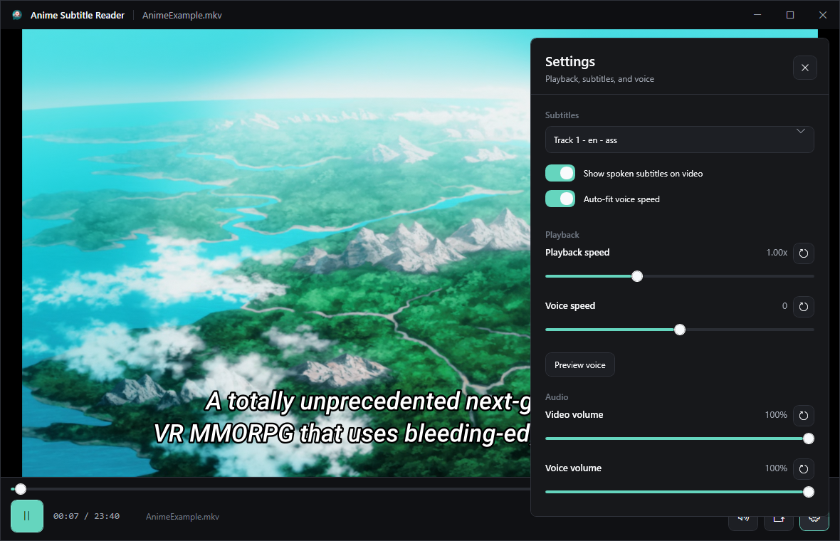 Anime Subtitle Reader settings interface